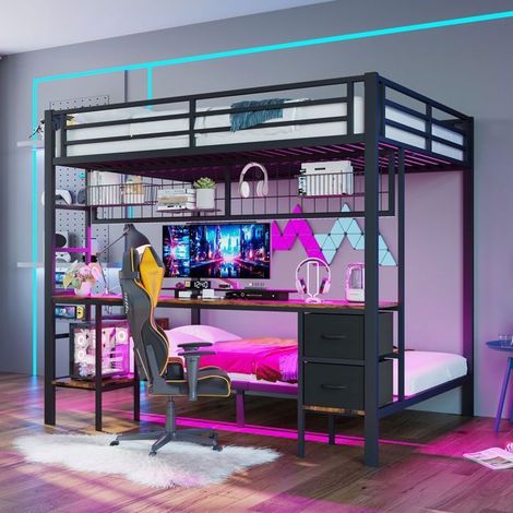 Lit mezzanine - SOGEU - 90x200/140x200 - bureau intégré - rangements & tiroirs - LED 7 couleurs (1/5)