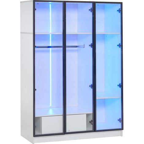 Armadio bianco con 3 ante in vetro, 1 cassetto, 1 barra appendiabiti e LED 110 x 50 x 160 cm (1/5)