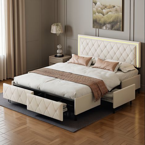 Polsterbett 160x200 cm, Doppelbett mit LED-Beleuchtung, Modernes Jugendbett mit 4 Schubladens, Bettgestell mit Kopfteil und Lattenrost, PU Beige, Ohne Matratze