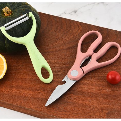 Ensemble de six couteaux de cuisine en acier inoxydable peint, avec support en paille. Coffret cadeau. (1/4)
