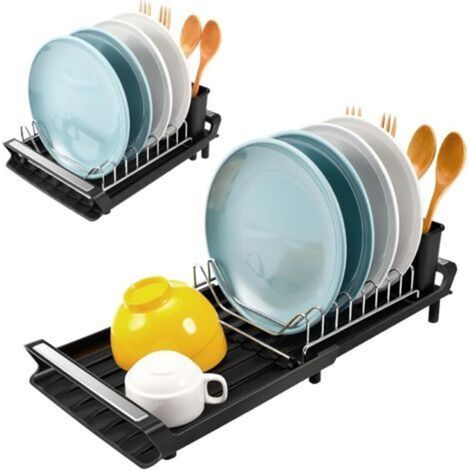 Égouttoir à vaisselle compact et extensible avec égouttoir à couverts en acier inoxydable et bac de récupération / 28-47 cm (Noir) (1/4)
