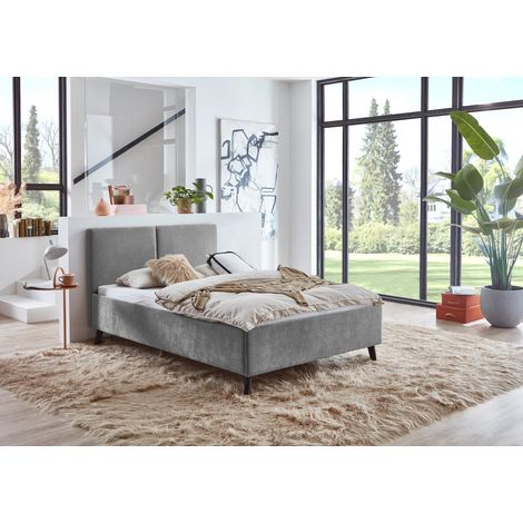 Meise Möbel Polsterbett Piano 140x200 cm Doppelbett Bettgestell Kopfteil mit tiefem Einzug Strukturstoff Grau Holzfuß schwarz (1/5)