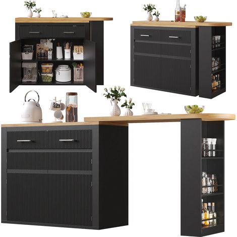 Buffet Cuisine,Îlot de Cuisine Extensible 137-215×39×102.3cm,Avec 2 Tiroirs et 2 Étagères,Table à Manger en MDF,Noir