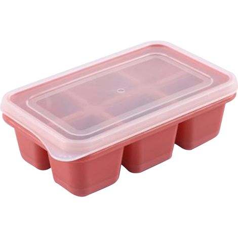 Bacs à glaçons polyvalents, 6 compartiments, réutilisables, étanches, moules en silicone à base souple facile à démouler avec couvercle rose amovible. (1/5)