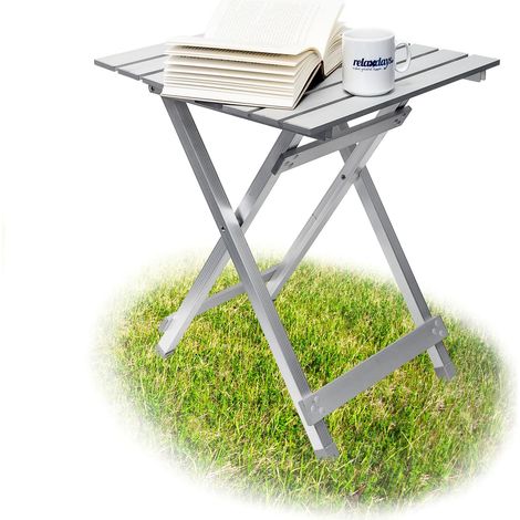 Relaxdays Tavolino Pieghevole, HLP: 59,5 x 50 x 47,5 cm, Salvaspazio, Resistente alle Intemperie, Alluminio, Argento (1/6)