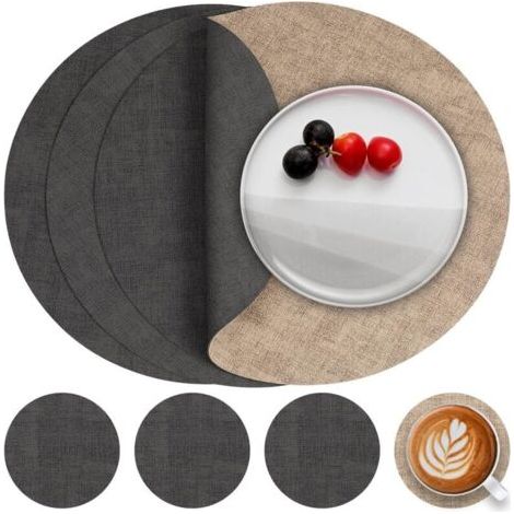 Ede Ensemble de 4 sets de table et sous-verres en cuir, sets de table ronds antidérapants double face, lavables, sets de table en plastique résistant à la chaleur (gris beige, ensemble de 4) (1/4)