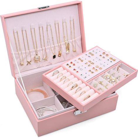 Joyero con cerradura para mujer, organizador de joyas de 2 niveles, caja de almacenamiento con gran capacidad e inserto extraíble para anillos, pendientes, collares y pulseras, color rosa.