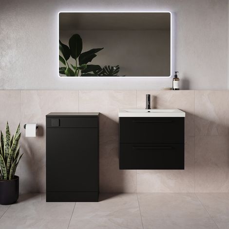 Napoli 390 Matt Black 1100mm Wall Mounted 2 Drawer Vanity Unit and Toilet Suite with Glide Basin - 1100mm - Matt Black 320mm HandleWithout Kingston Toilet Pan