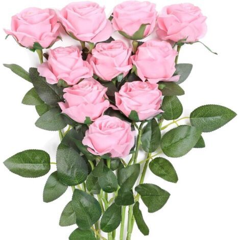 10 roses artificielles, bouquet de roses artificielles à tige unique, convient pour la décoration de la maison, des mariages et des fêtes (rose). (1/5)