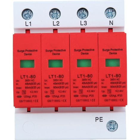 Parafoudre 4P LT1‑80, module de protection 80 kA, dispositif de protection contre les surtensions, parafoudre rouge. (1/5)