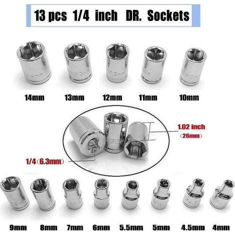 Jeu de Clés à Douilles, 46pcs 1/4" Clé à Cliquet Avec Boîte à Outils,4-14mm Cr-V Clé à Douilles, Embouts de Tournevis,Barres D'extension pour la Mais (1/3)