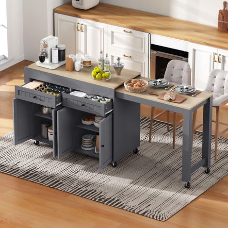 Îlot de Cuisine Mobile avec Plan de Travail Extensible et Roulettes, Meuble de Rangement avec Tiroirs et Étagères, Desserte de Cuisine pour Salle à Manger, Gris et Naturel (1/5)
