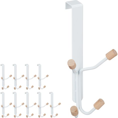 Ganchos Cuádruples para Puerta en Set 10, Nórdicos, Colgadores Hierro y Madera, 19 x 9 x 8 cm, Blanco y Natural (1/5)