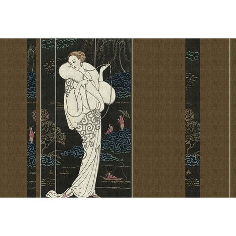Papier peint panoramique japonaise tendance Tapisserie panoramique à motif femme pour chambre d'adulte Papier peint panoramique bleu, beige et marron (1/2)