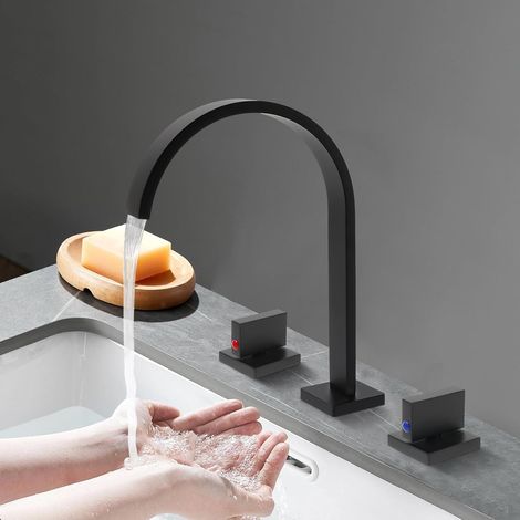 Robinet de salle de bain Cascade 3 trous, lavabo noir moderne robinet cascade avec deux boutons, hauteur 24,5 cm (1/5)
