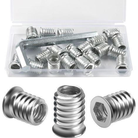 Insert Fileté Bois M10 x 20mm, 20 Pièces, Inserts D'écrou, Acier au Carbone, Zinc, Manchons à Visser, Vis Tête Hexagonale pour Meubles en Bois (1/5)