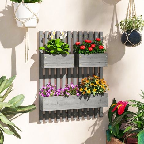 Lot de 3 jardinières murales 60x16x80 cm en bois gris, drainage, pour balcon gain de place – MEUBLIV (1/5)