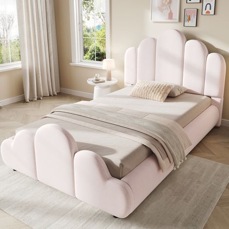 Cama infantil 90 x 200 cm en terciopelo rosa con bordes redondeados y somier incluido (1/5)