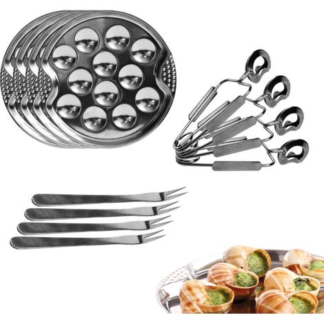 Paris Prix – Service à escargots 12 pièces – Métal et acier inoxydable – 4 assiettes 19cm – 4 pinces et 4 fourchettes – Facile d'utilisation et d'entretien