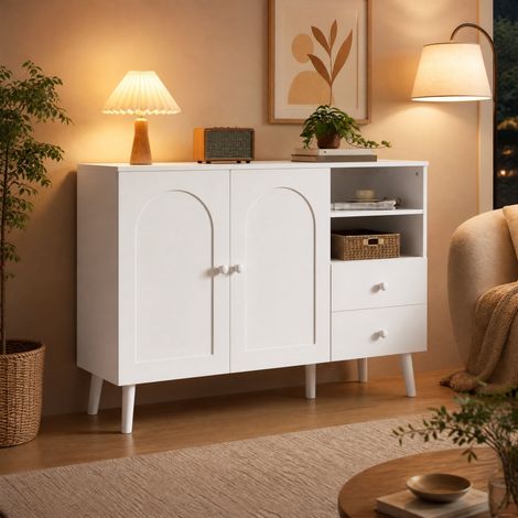 Aparador (118x35x82 cm), con puertas curvadas, almacenamiento múltiple, patas de madera, MDF y aglomerado blanco (1/5)