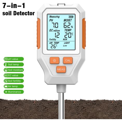 Testeur de sol numérique 7 en 1 avec écran LED, détecteur de pH/EC/température/humidité/température de l'air/fertilité/ensoleillement (1/5)