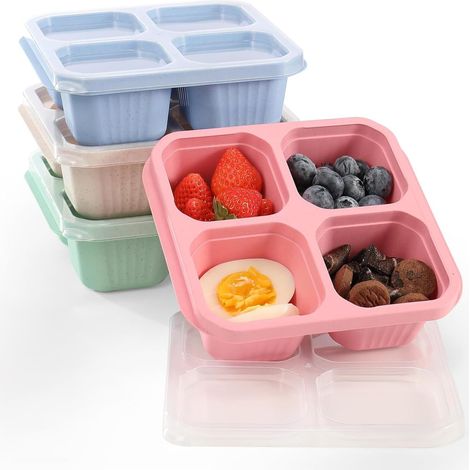 4er-Pack Lunch- und Snackboxen – Wiederverwendbare Bento-Behälter mit 4 Fächern – Rosa, Blau, Beige, Grün (1/5)