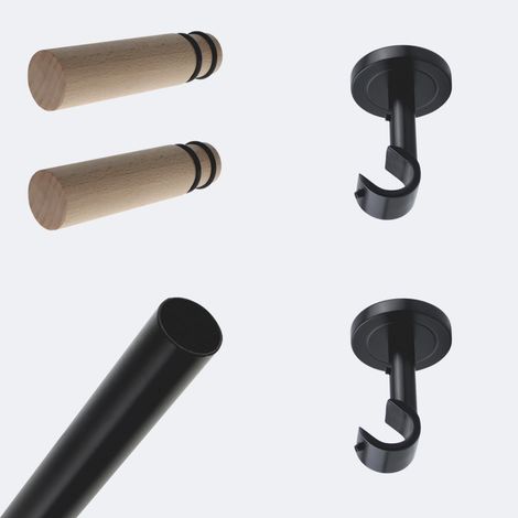 Kit de tringle à rideaux Noir Mat 150cm Diam.20mm Embout Cylindre Bois - Fixation Plafond - Boulet (1/3)