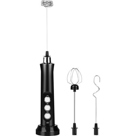 Mousseur à Lait, Machine à Mousse électrique Portative, Mélangeur de Boisson 3 en 1, Station de Chargement USB avec 3 Fouets en Acier Inoxydable pour Café, Lait et Cuisine Noire (1/5)