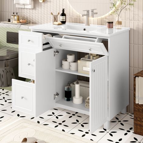 Meuble Vasque Blanc - Lavabo en Céramique Intégré, 4 Tiroirs, 2 Portes, Soft-Close - Céramique et MDF - 91.5×46.5×89cm (1/5)