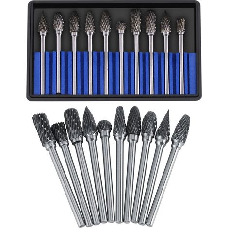 EJ.life Jeu De Fraises En Carbure Fichiers Rotatifs Acier Au Tungstène 10pcs Diamètre Tête Coupe Pour Fraise 3mm Tige 6mm La Perceuse à Découper Découpage Métal Polissage Gravure Perçage(double Cut) (1/5)