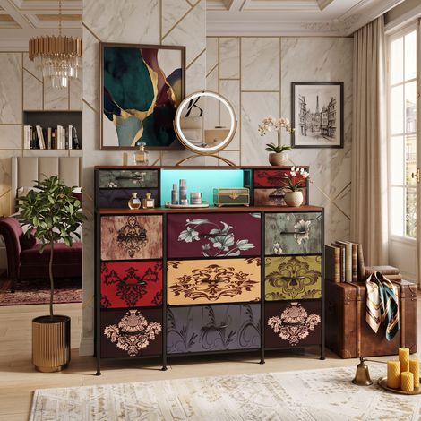 Creahappy Commode Chambre 110x28x97 cm - Meuble de Rangement 13 Tiroirs LED et Prises - Style Rétro Multicolore Bois Métal (1/5)