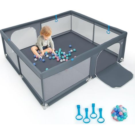 COSTWAY Grand Parc pour Bébé avec 50 Balles Océaniques, Clôture pour Tout-Petits avec 4 Anneaux à Main, Centre d'Activités pour Bébé avec Maille Respirante, 200 x 180x 68 cm (Gris) (1/5)