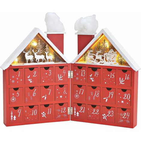 Holz Adventskalender Haus mit 24 Boxen und LED Beleuchtung - zum aufklappen - Weihnachtskalender zum selber befüllen