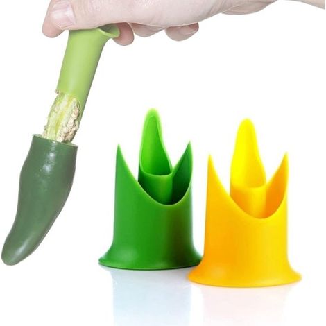Descorazonador de verduras de 2 piezas, Reutilizable, Taladro de cocina, la cocina y restaurantes, Fácil de extraer las semillas, Verde, amarillo (1/5)
