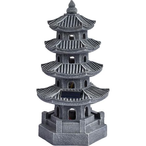 Catherine – Statue de jardin pagode solaire en résine – Éclairage LED automatique – Résistante aux UV – Décoration zen pour balcon et patio