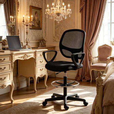 Silla de oficina alta con reposapiés ajustable y función reclinable, negro DESVIAE (1/5)