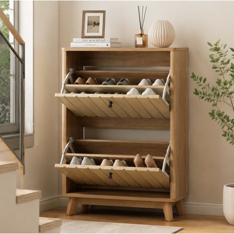 Armario Zapatero con 2 Puertas, Estantes Ajustables y Compartimento Cerrado, MDF, Roble, 91×44.5×19.5 cm (1/5)