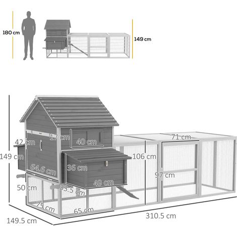 Poulailler de jardin (avec poulailler, rampe et espace ouvert), 310,5 x 149,5 x 149 cm, gris (1/5)