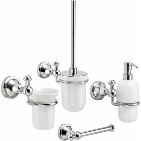 Set 4 accessori bagno serie Nevis, acciaio inox e ceramica cromata GEDY