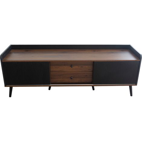 Meuble TV 160 cm Noir et Bois avec 2 Portes Coulissantes et 2 Tiroirs, Meuble TV Bas pour Salon, Pieds en Bois Massif, 160x40x58 cm (1/5)