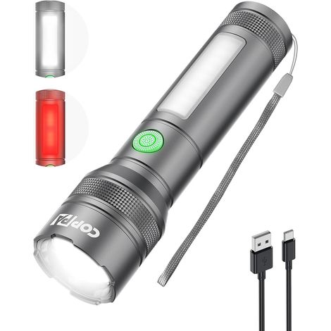 High-lumen rechargeable LED flashlight with red emergency side light, 6 modes, zoomable aluminum body, brightest portable flashlight (1/5)