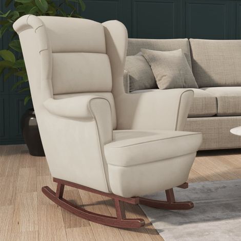 Chaise à Bascule confortable - Fauteuil à bascule pieds en bois massif d'hévéa Crème Velours pour salon -BV70915