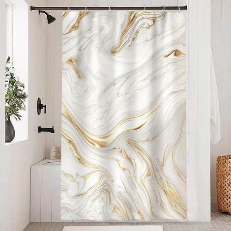 Rideau Douche Anti Moisissure, Rideau Douche 120x200cm Blanc Doré Effet Marbre Gris Rideaux de Baignoire Tissu Lavable Imperméable Polyester Rideaux Salle de Bain avec 8 Crochets 180x180cm (1/5)
