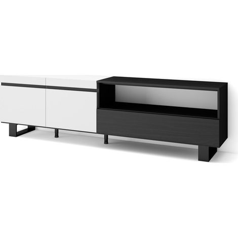 Meuble TV Banc Télé Grand Espace de Rangement 200x57x35cm pour Les TV jusqu'à 80" Design Industriel Style Moderne Blanc et Noir (1/5)