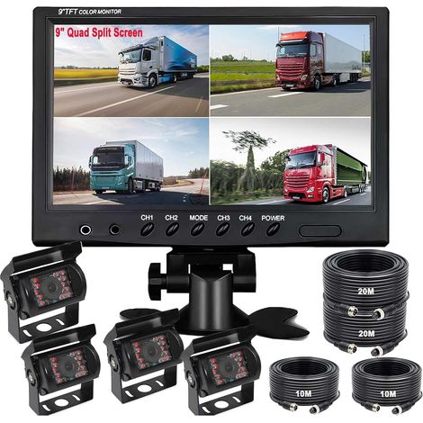 Kit de caméra de recul filaire de 9 pouces, moniteur HD 4 écrans divisés de 9" avec caméra de recul étanche pour vue arrière et avant, vision nocturne pour camion/semi-remorque/bus/caravane/VR 9V-36V (1/5)