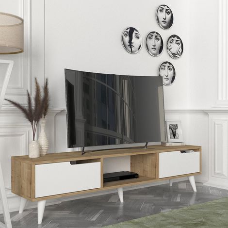 Meuble TV Kullila 160 x 35 x 40 cm effet chêne / blanc [en.casa]