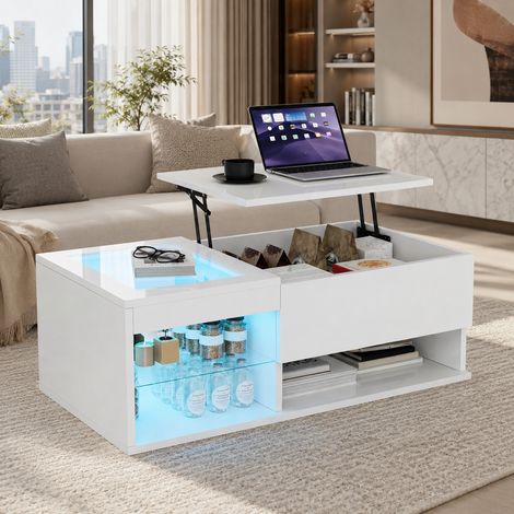 Table Basse Rectangulaire Relevable, Table Basse Brillante avec LED, Tables de Salon Moderne avec Rangement, Table Basses avec Etagère Ouverte, Espace de Rangement caché, 100x55x35 cm, Blanc (1/5)