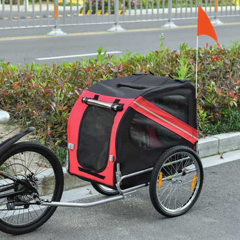 Remolque para bicicleta para perros PawHut, 8 reflectores, bandera, barra de remolque incluida, acero, poliéster impermeable, máx. 30 kg, 130 cm de largo x 73 cm de ancho x 90 cm de alto, rojo.