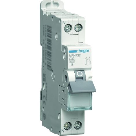 HAGER - Disjoncteur Ph+N 32A, pouvoir coupure 3kA, courbe C, 1 module - MFN732 (1/2)