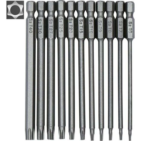 Set mit 11 langen Torx-Bits für Schraubendreher und Bohrmaschinen – Magnetische Bits – 1/4"-Sechskantantrieb – Größen von T6 bis T40 – Länge 100 mm – Crezuo